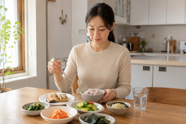 성인 여성이 적당한 양의 잡곡밥과 단백질·채소 반찬을 먹는 모습