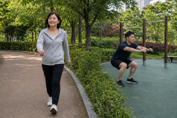 공원에서 걷기와 근력운동을 실천하는 성인 남녀