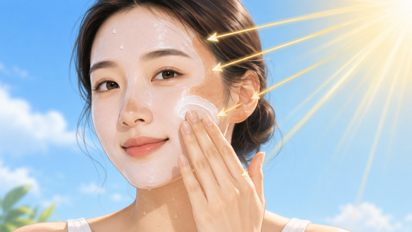 선크림을 발라도 얼굴이 타는 이유를 보여주는 자외선 차단 그림