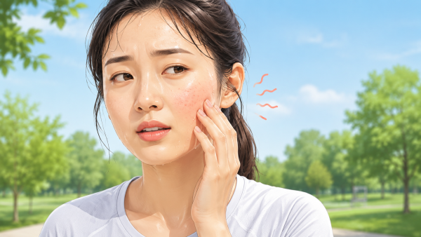 땀 흘린 뒤 얼굴이 따갑고 가려운 증상을 표현한 그림